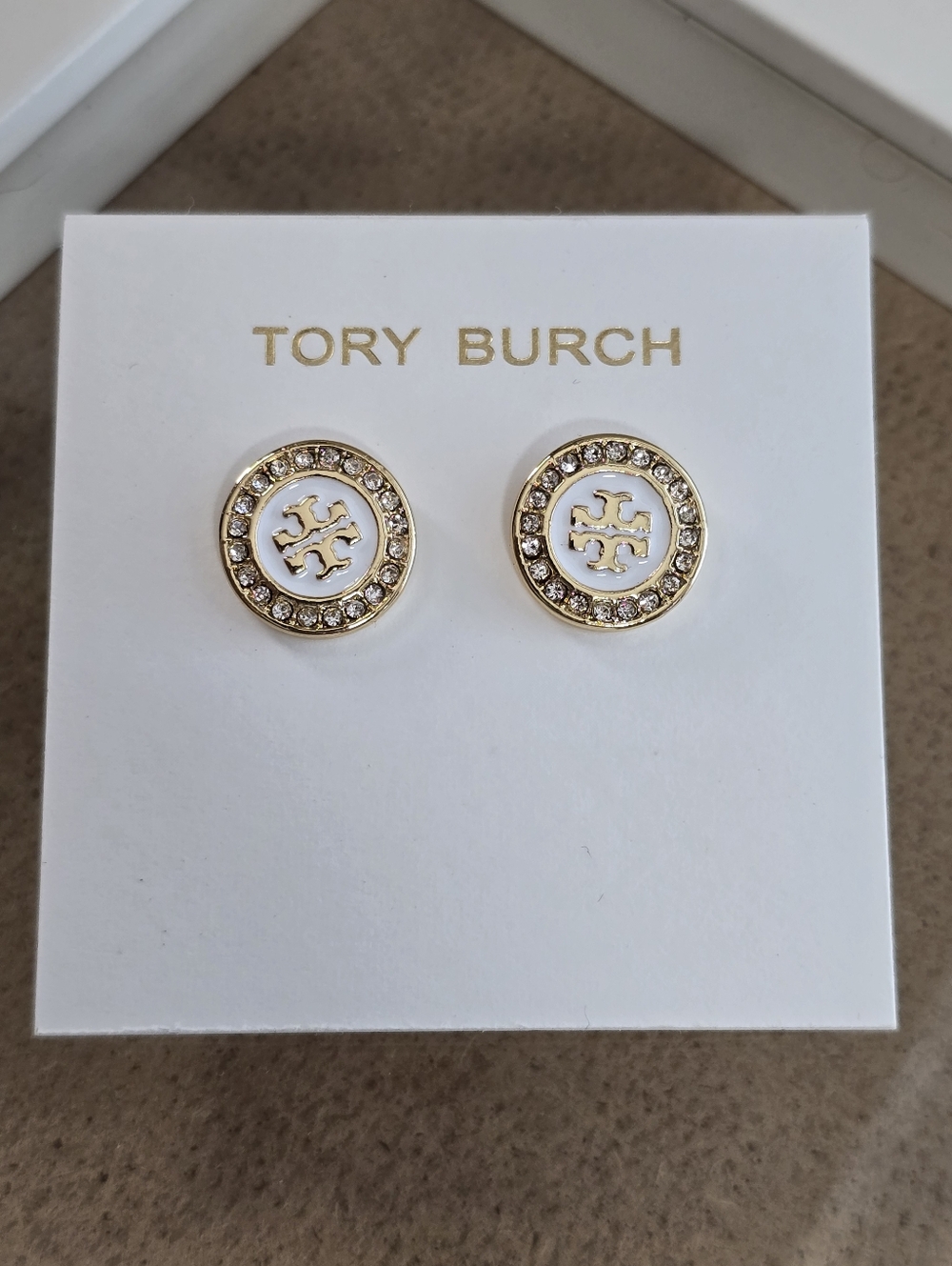 Tory Burch Gold and White Logo Crystal Halo Stud Earrings